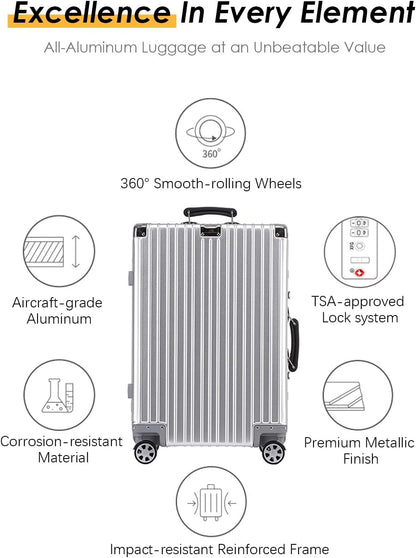 HotWay 28 Inch All Aluminum Checked in Luggage with Leather Handle, Hard Shell Zipperless Suitcase with TSA Locks and Spinner Wheels, Large Luggage for Business Travel, Black
