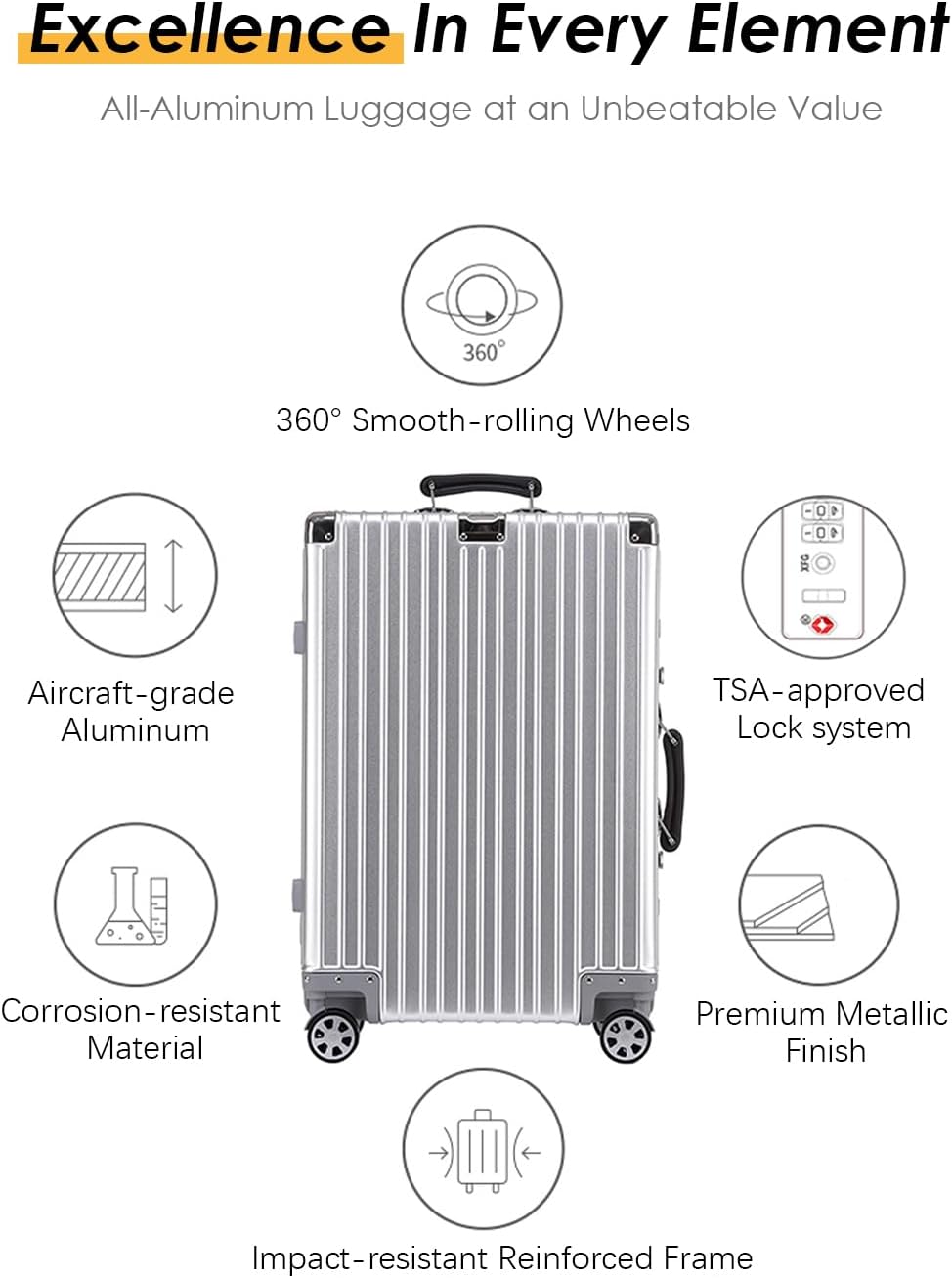 HotWay 20 Inch All Aluminum Carry On Luggage with Leather Handle, Hard Shell Zipperless Suitcase with TSA Locks and Spinner Wheels, Travel Luggage (22x14x9 Airline Approved), Gold