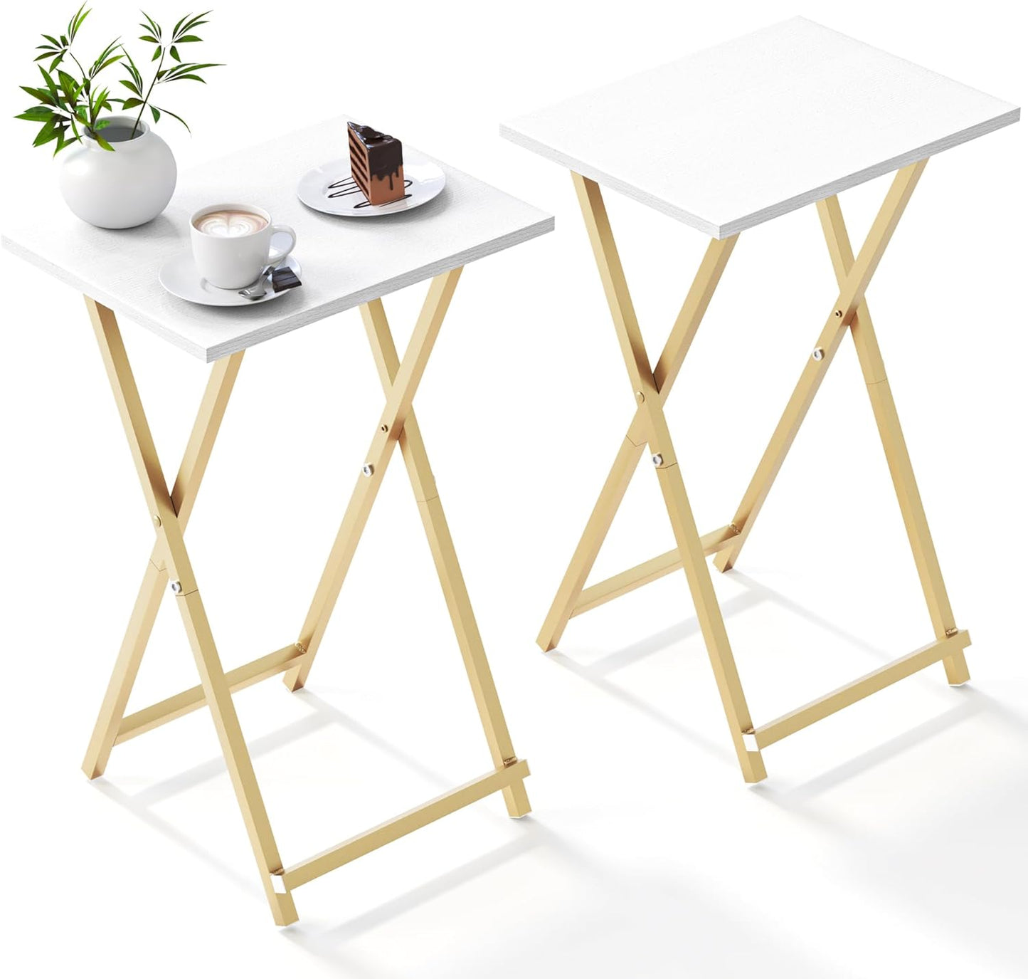 Foldable TV Trays, Small Folding Table, TV Trays Set of 2, TV Dinner Tray, Side Table for Bed, Couch, Portable Easy to Move, White & Gold