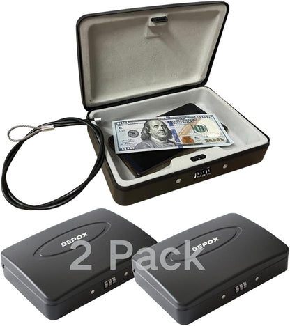 SEPOX® 2Pcs Water/Fire-Resistant Portable Security Case Lock Box Steel, Personal Travel Safe Storage Cabinet for Small Item, 3-Ft Cable, Ressetable Combination Lock for Dorm, Car, Sports, Office