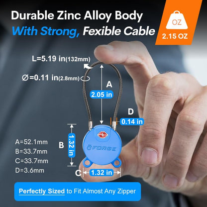 Forge TSA Approved Luggage Locks Ultra-Secure Dimple Key Cable Locks for Travel with Zinc Alloy Body- 2 Blue Locks