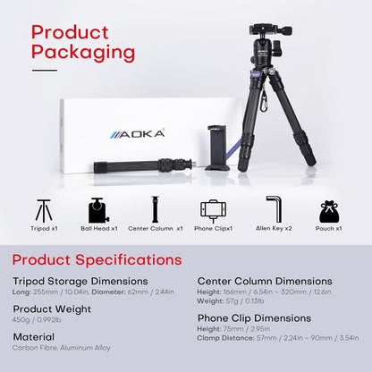 AOKA 15.75in/0.99lb Mini Carbon Fiber Tripod, Compact Pocket Travel Tabletop Tripod Stand for Phone, SLR, Digital Camera,Projector, Webcam, with Metal Phone Mount & Extended Center Shaft Rod