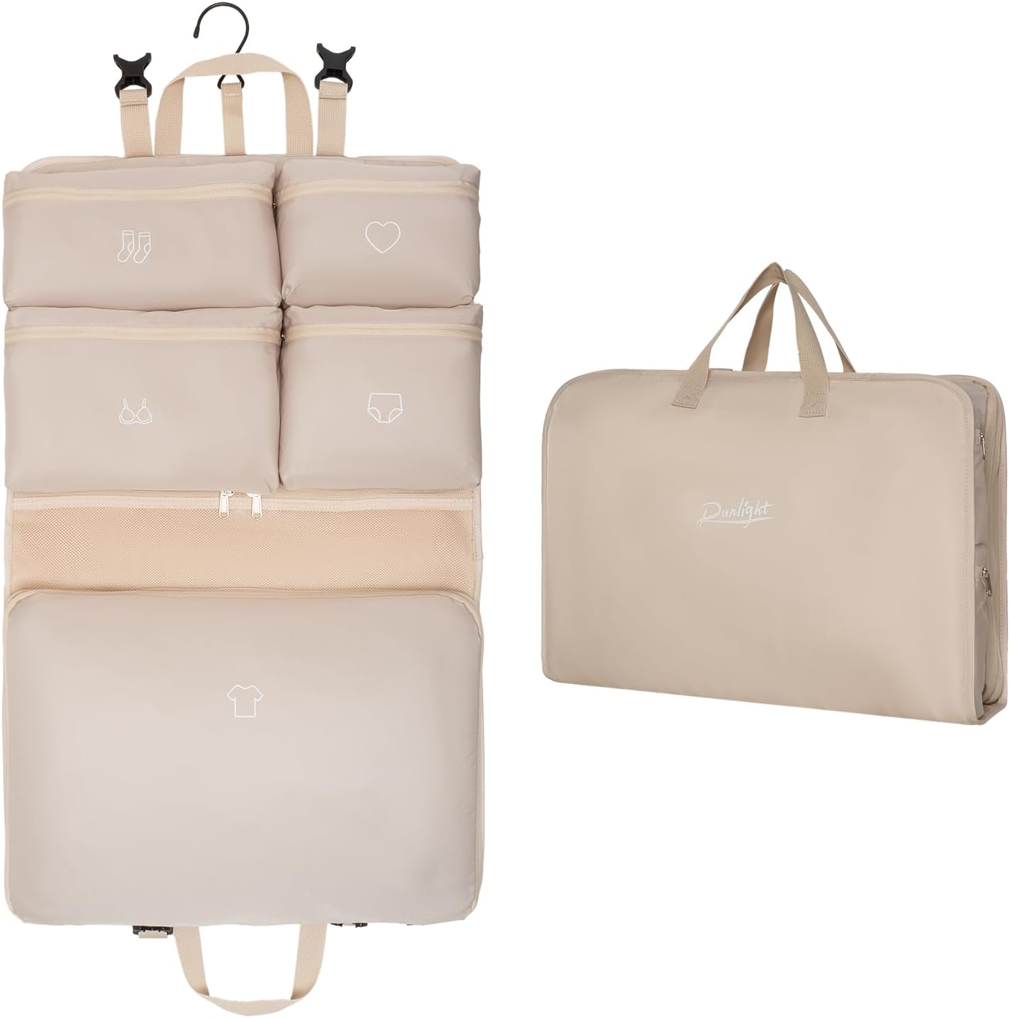 Hanging Packing Cubes,Garment Bags for Travel and Storage, Travel Apparel Bags for Men Women with 5 Solid Color Pockets, Storage Bags for Clothes, Socks,Underwear for Carry on Suitcase (Khaki)