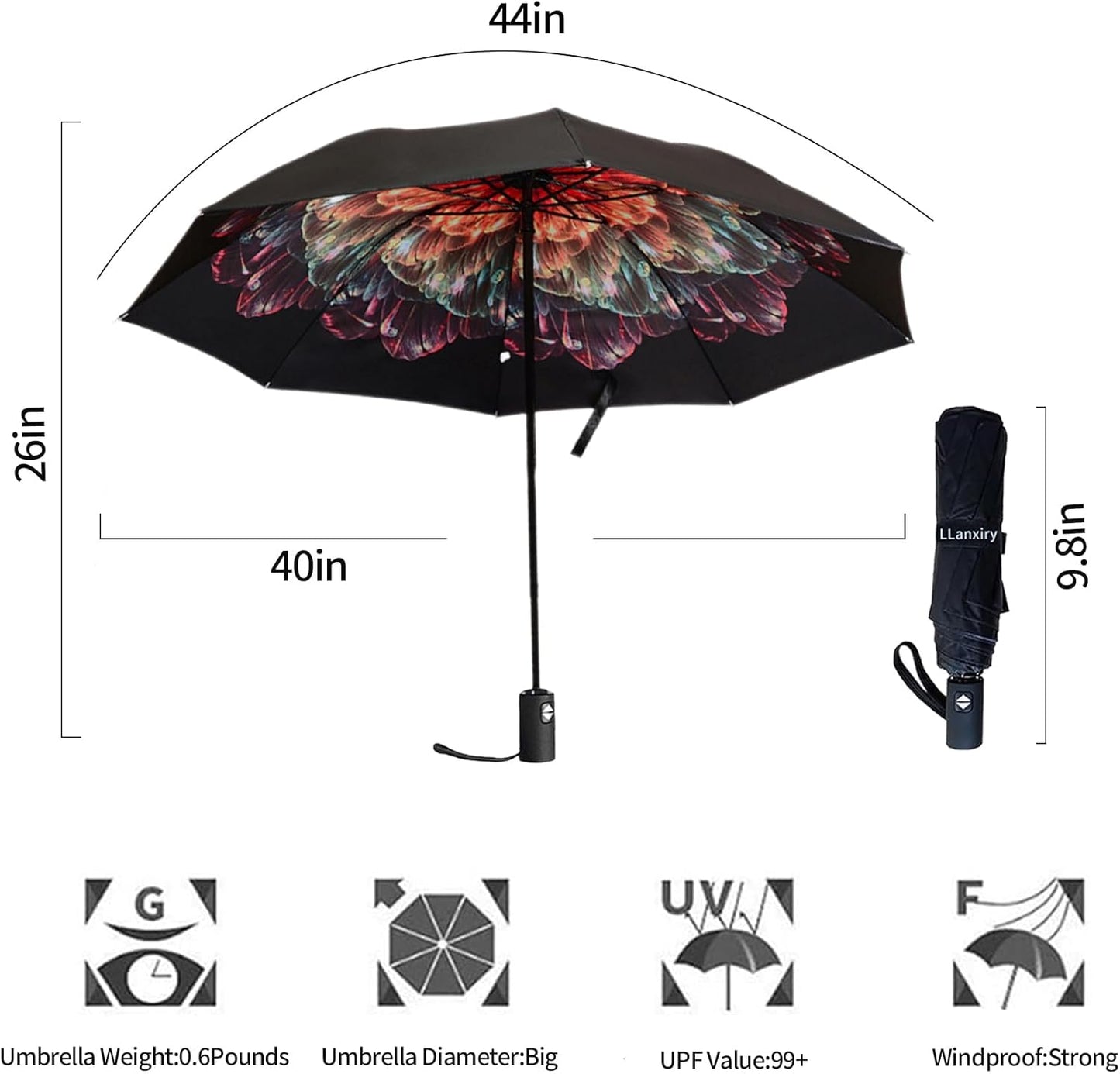 LLanxiry Compact Travel Umbrella, Mini Windproof Umbrellas for Rain & Sun, Small Lightweight Outdoor UV Umbrella, Portable Folding Umbrellas for Travel