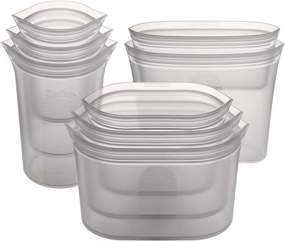 Zip Top Reusable Food Storage Bags | Full Set of 8 [Gray] | Silicone Meal Prep Container | Microwave, Dishwasher and Freezer Safe | Made in the USA