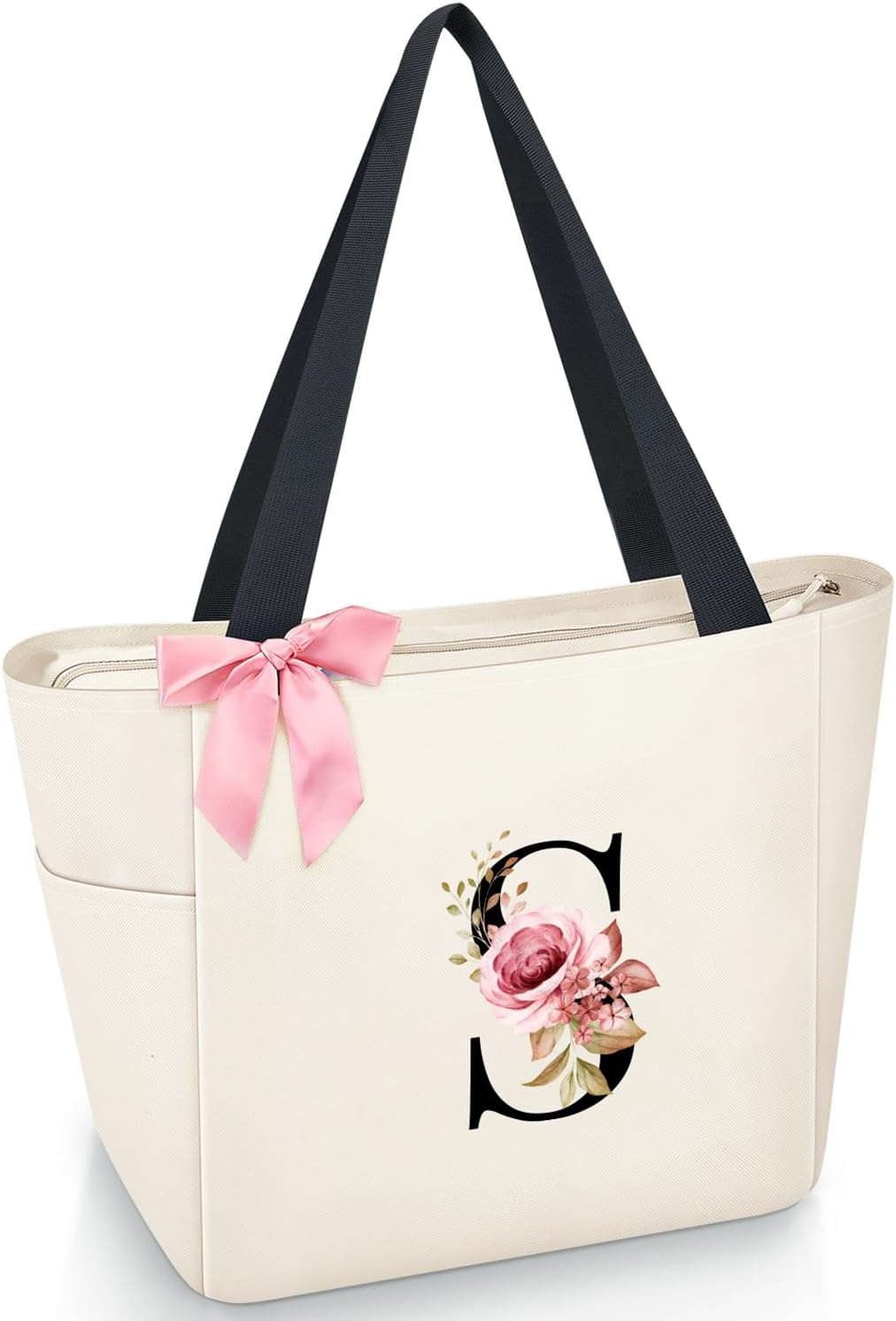 Vavabox Tote Bag, A-Z Initial Monogrammed Waterproof Tote Bag, Bridesmaid Gifts for Women, Black and Pink