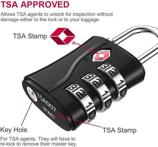 ZHEGE Luggage Locks TSA Approved, Small Padlock for Travel, Suitcase, Backpack, Laptop Bag and Handbag-Easy to Set with Alloy Body (Black)