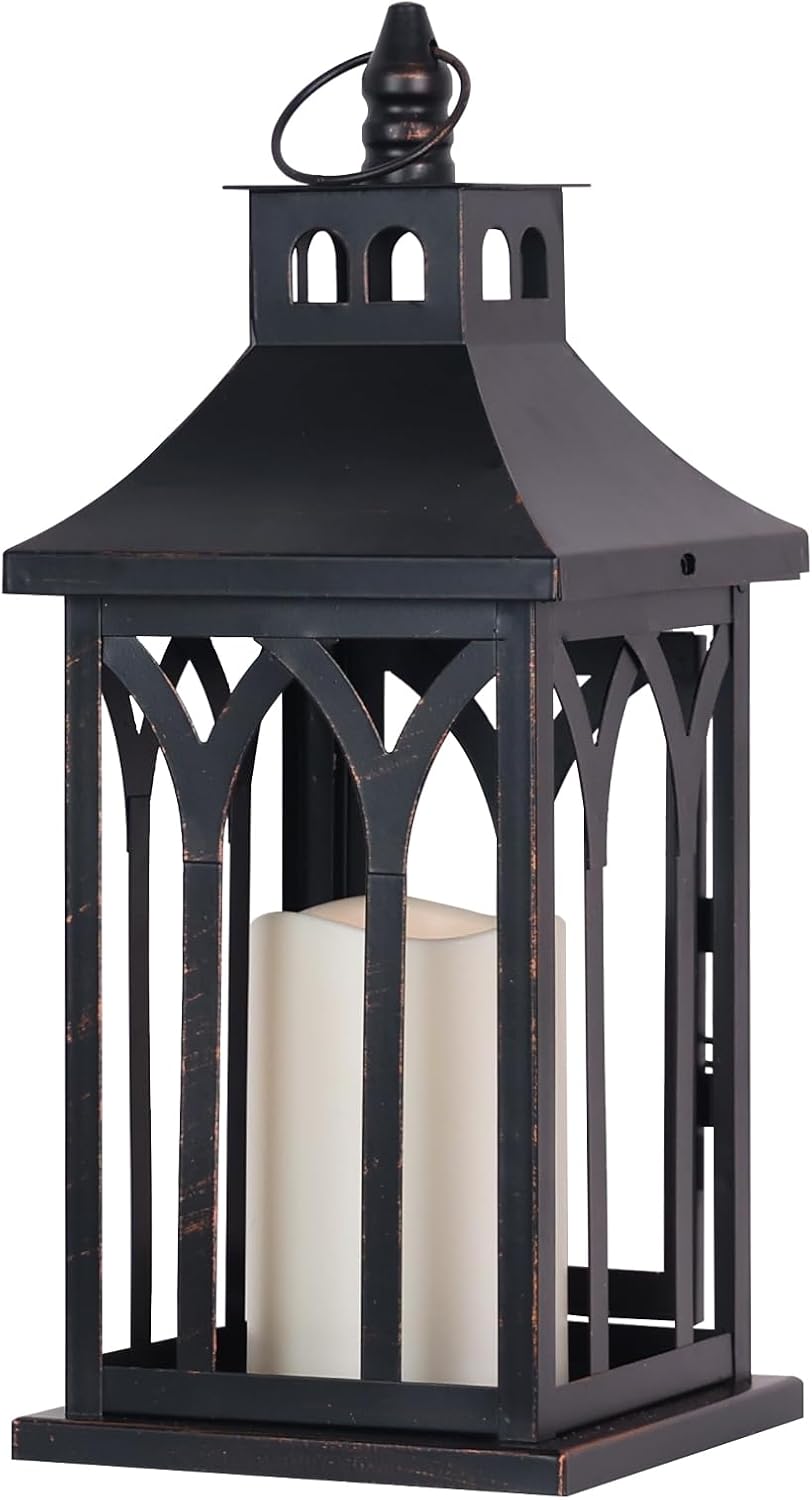 DECORKEY Decorations for Home, Decorative Led Candle Lantern Indoor Outdoor Decor, Metal Hanging Candle Holder with Xmas Teardrop Wreath and LED Candle for Table Centerpieces, Patio (Black)
