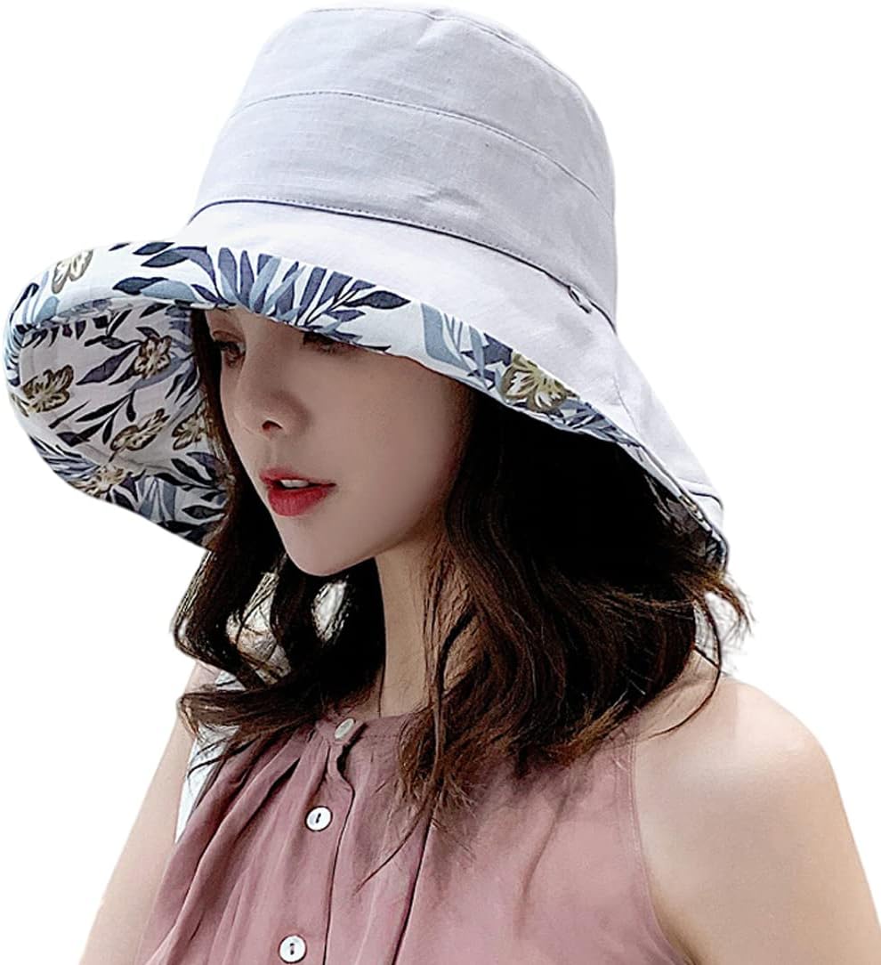 Women Wide Brim Sun Hats Metal Wired Edge Summer UV Protection Beach Fishing Hat for Hiking Garden Travel Chin Strap