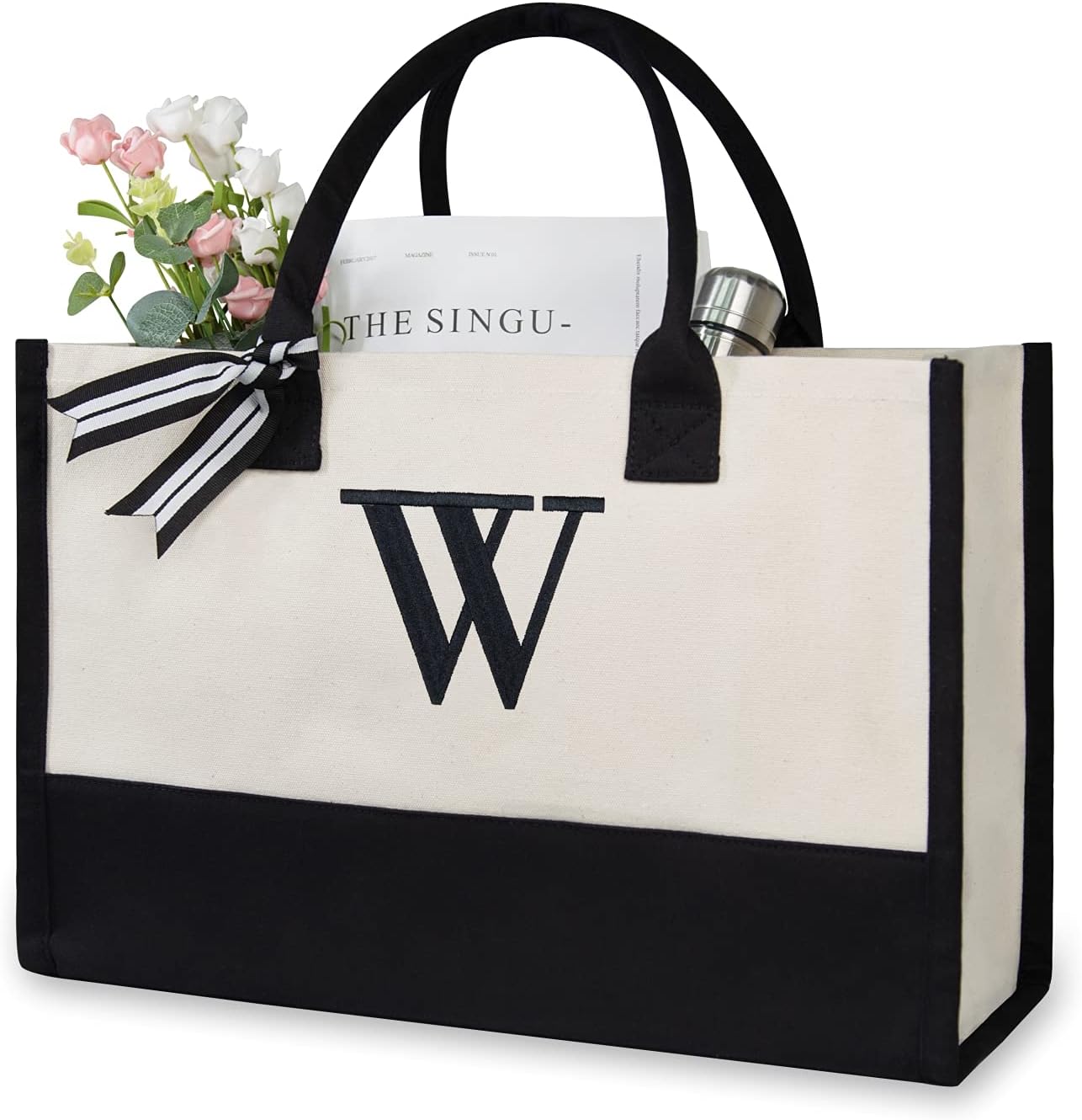 TOPDesign Embroidery Initial Canvas Tote Bag, Personalized Present Bag, Suitable for Wedding, Birthday, Beach, Holiday, is a Great Gift for Women, Mom, Teachers, Friends, Bridesmaids (Letter W)