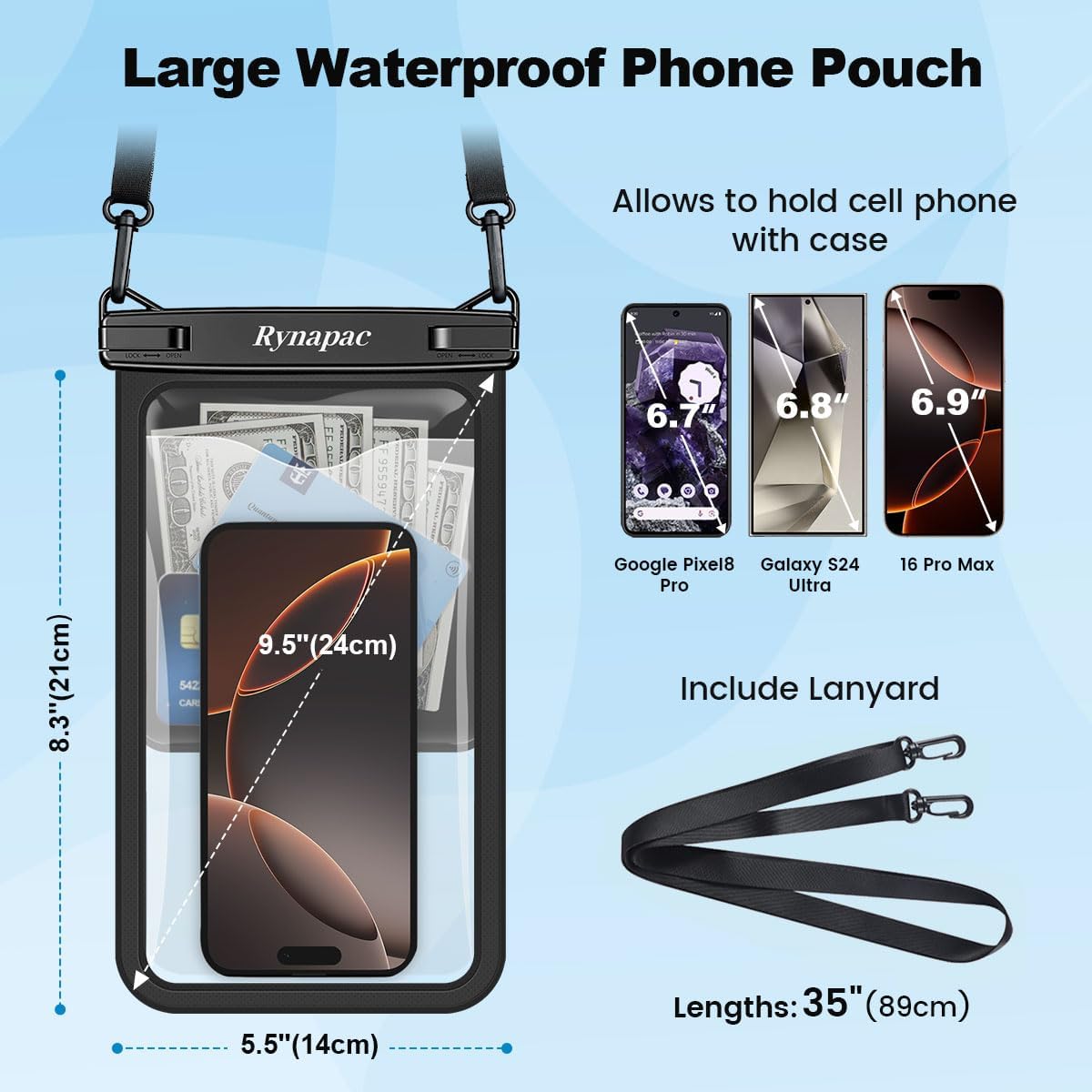 2 Pack Waterproof Phone Pouch - 10in Waterproof Phone Case with Lanyard, IPX8 Cell Phone Dry Bag Beach Cruise Ship Essentials for iPhone 16 15 14 Pro Max, Galaxy S25 S24 Ultra