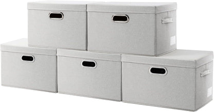 PRANDOM Large Collapsible Storage Containers with Lids [5-Pack] Fabric Foldable Storage Bins Boxes Organizer Baskets Cube with Cover for Home Bedroom Closet Office Beige(17.3x11.8x11.8)