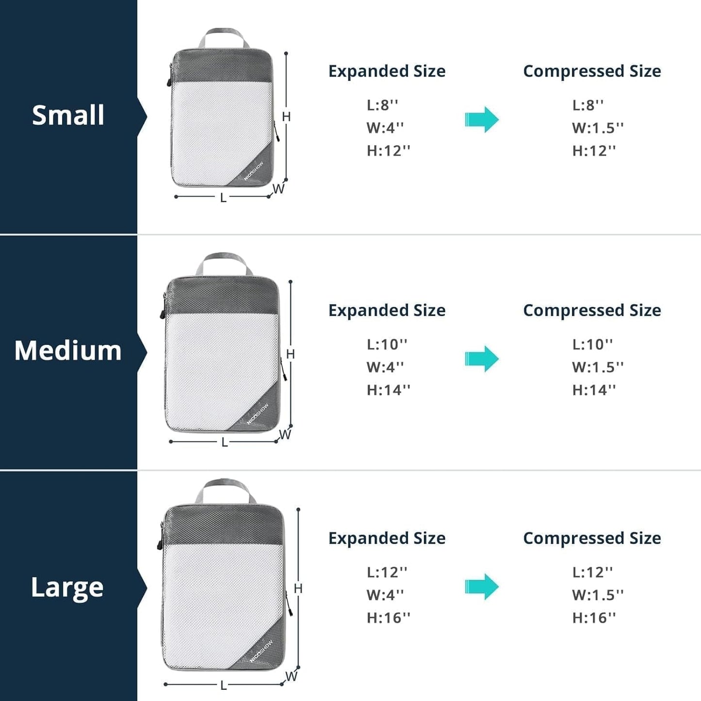 3 Set Compression Packing Cubes for Travel - Compressible, Lightweight, and Space-Saving Packing Cubes, Travel Essentials for Women, Grey