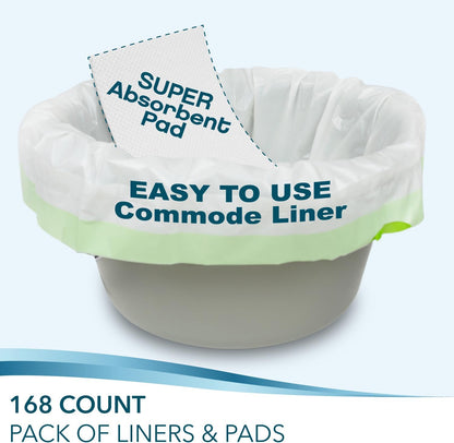 Disposable Bedside Commode Liners and Pads for Portable Toilet Chair Seat Bucket and Bedpan | Combo Pack of 168 Waste Bags and 168 Absorbent Pads | Universal Fit