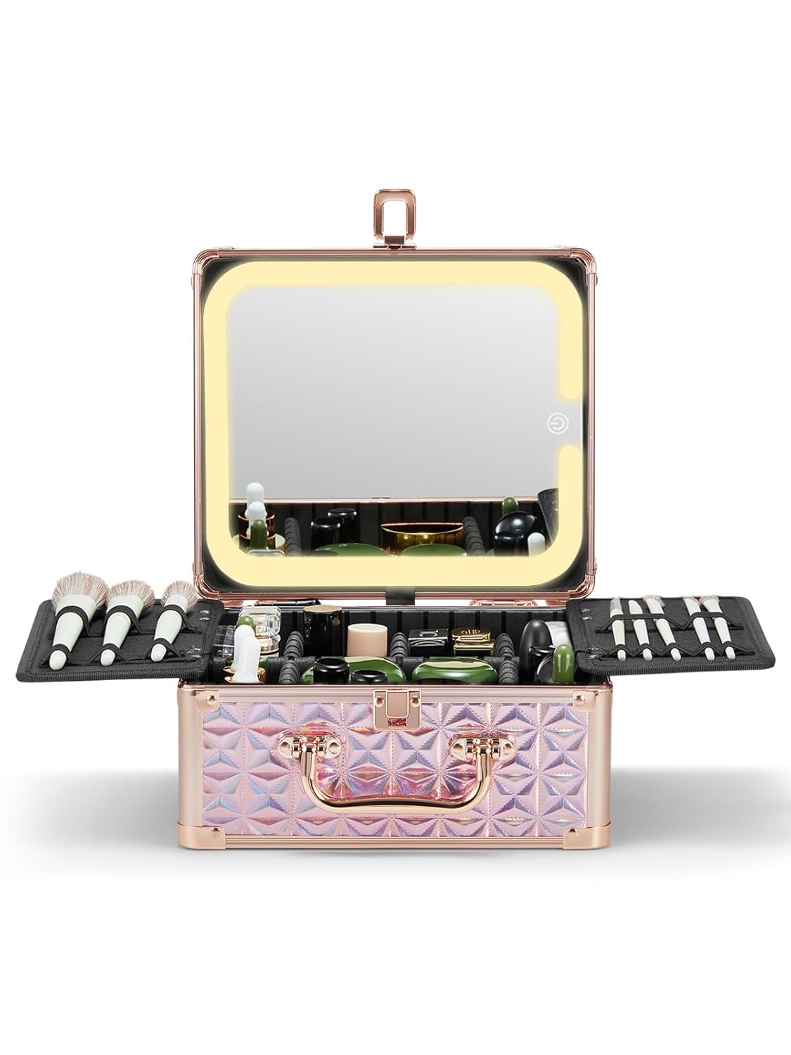 Qislee Makeup Box with A Detachable Lighted Mirror, Waterproof Travel Train Case, Cosmetic Organizer and Makeup Suitcase with Adjustable Dividers, Magnetic LED Mirror(Sparkling Pink)