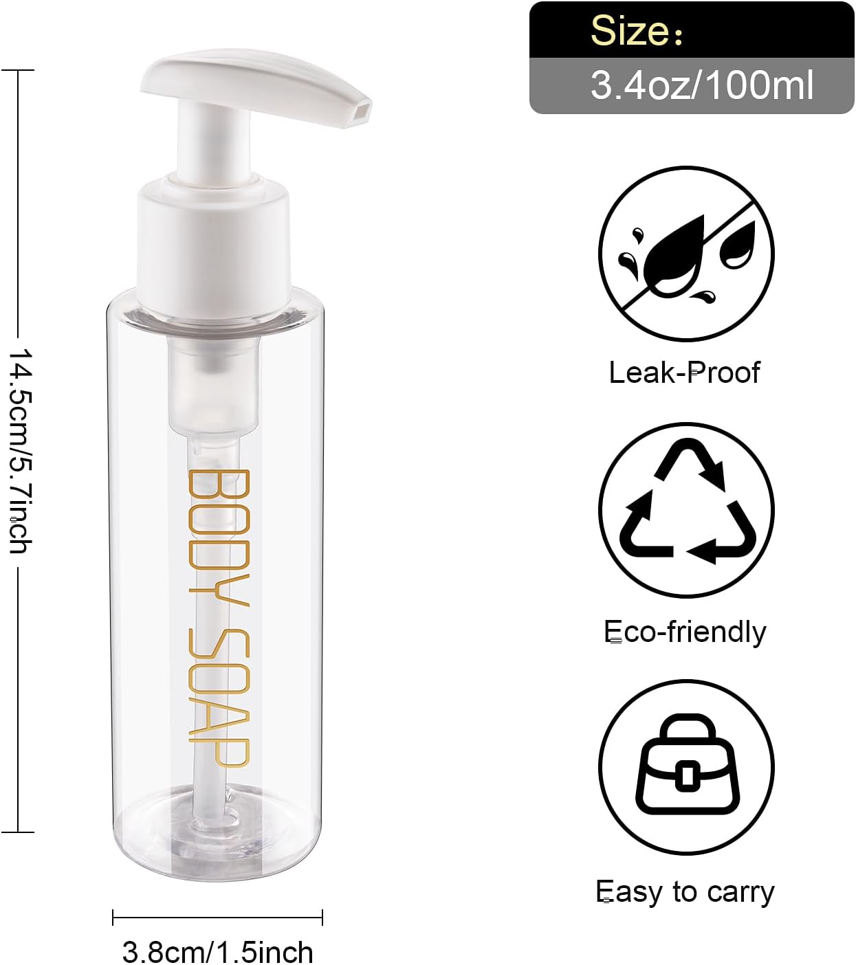 Travel Bottles Plastic Pump Bottle Dispenser Tsa Approved 3.4oz/100ml 4 Pack Refillable Shampoo and Conditioner Empty Travel Size for Cosmetic, Lotion, Liquid Soap (Clear)