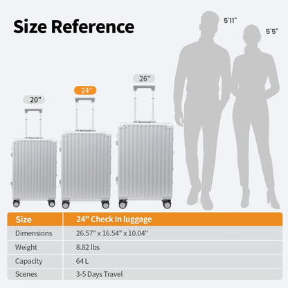 24 Inch Luggage With Spinner Wheels, Aluminum Frame Zipperless Suitcase, PC Lightweight Hard Shell with TSA Lock, Checked Medium Suitcase 24-Inch (Silver)