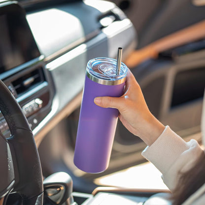 koodee 20 oz Stainless Steel Skinny Tumblers (4 Pack) Double Wall Insulated Water Tumbler Cup with Lids, Straws and Straw Brushes (Teal/Purple/Pink/Black)