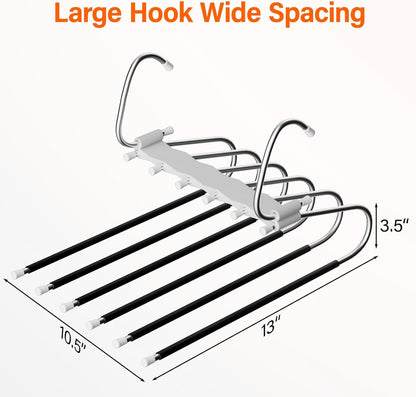 Upgraded Collapsible Pants Hangers Space Saving, 6 Layers Clothes Rack, Stainless Steel Multifunctional Closet Organizer, Non Slip Metal Hangers for Pants Jeans Skirts Trousers (1 Pack)