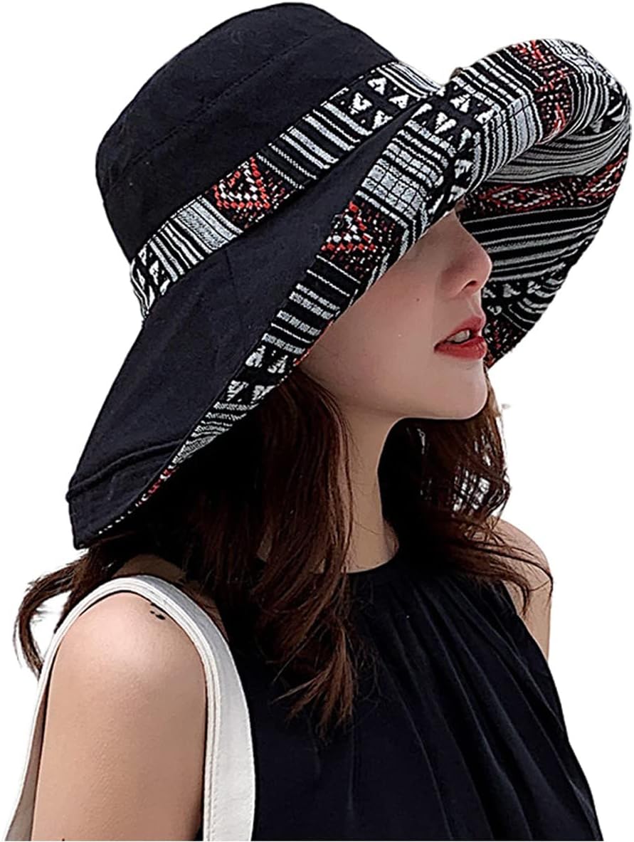 Women Wide Brim Sun Hats Metal Wired Edge Summer UV Protection Beach Fishing Hat for Hiking Garden Travel Chin Strap