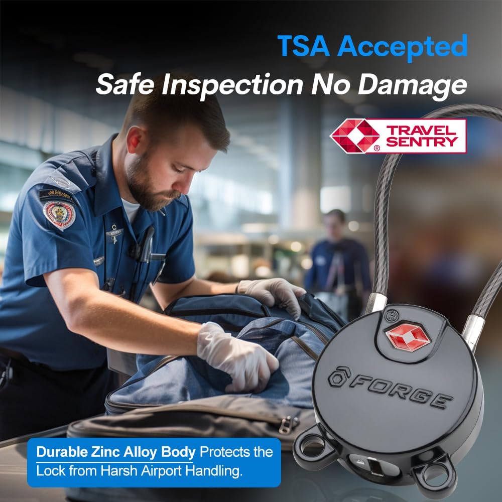 Forge TSA Approved Luggage Locks Ultra-Secure Dimple Key Travel Locks with Zinc Alloy Body- Black 4 Cable Locks