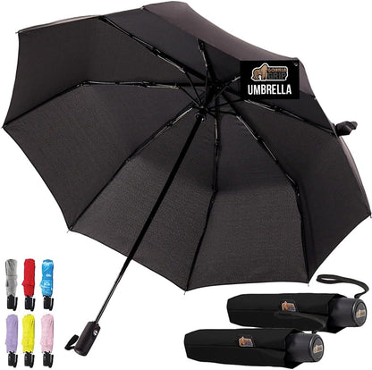 GORILLA GRIP Strong Stick Umbrella for Rain, Compact Travel One-Click Automatic Open Close, Lightweight, Portable, US Designed Reinforced Fiberglass Ribs, Wind Resistant Easy Collapse, Black 2 Pack