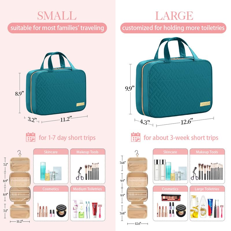 HOTOR Travel Toiletry Bag w/Hanging Hook - Spacious Toiletry Bag Essentials for Women & Men, Makeup Bag/Big Comparment, Waterproof for Travel Accessories, Medium, Teal