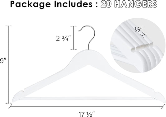 StorageWorks White Wooden Hangers, 20 Pack Wood Hanger for Closet, Coat Hangers for Coats, Shirts, Pants, Bridesmaid Suits, Wedding Dress