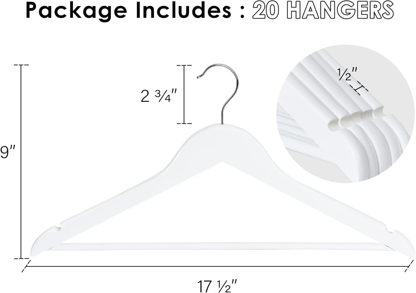 StorageWorks Wooden Hangers, Wood Coat Hanger for Coats, Shirts, Jackets, Pants, Suits, White Color, 20 Pack