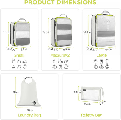 Cipway Compression Packing Cubes, See Through Mesh Luggage Organizer Bags, Travel Essentials for Carry on Suitcase with Laundry Bag and Clear Toiletries Bag（6 Pcs,White）