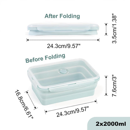 Extra Large Collapsible Silicone Food Storage Containers With Lids, 2 Pack 2000ml, XXL Foldable Bento Lunch Box, Big Meal Boxes for Kitchen, Camping, Dishwasher, Microwave, Freezer Safe
