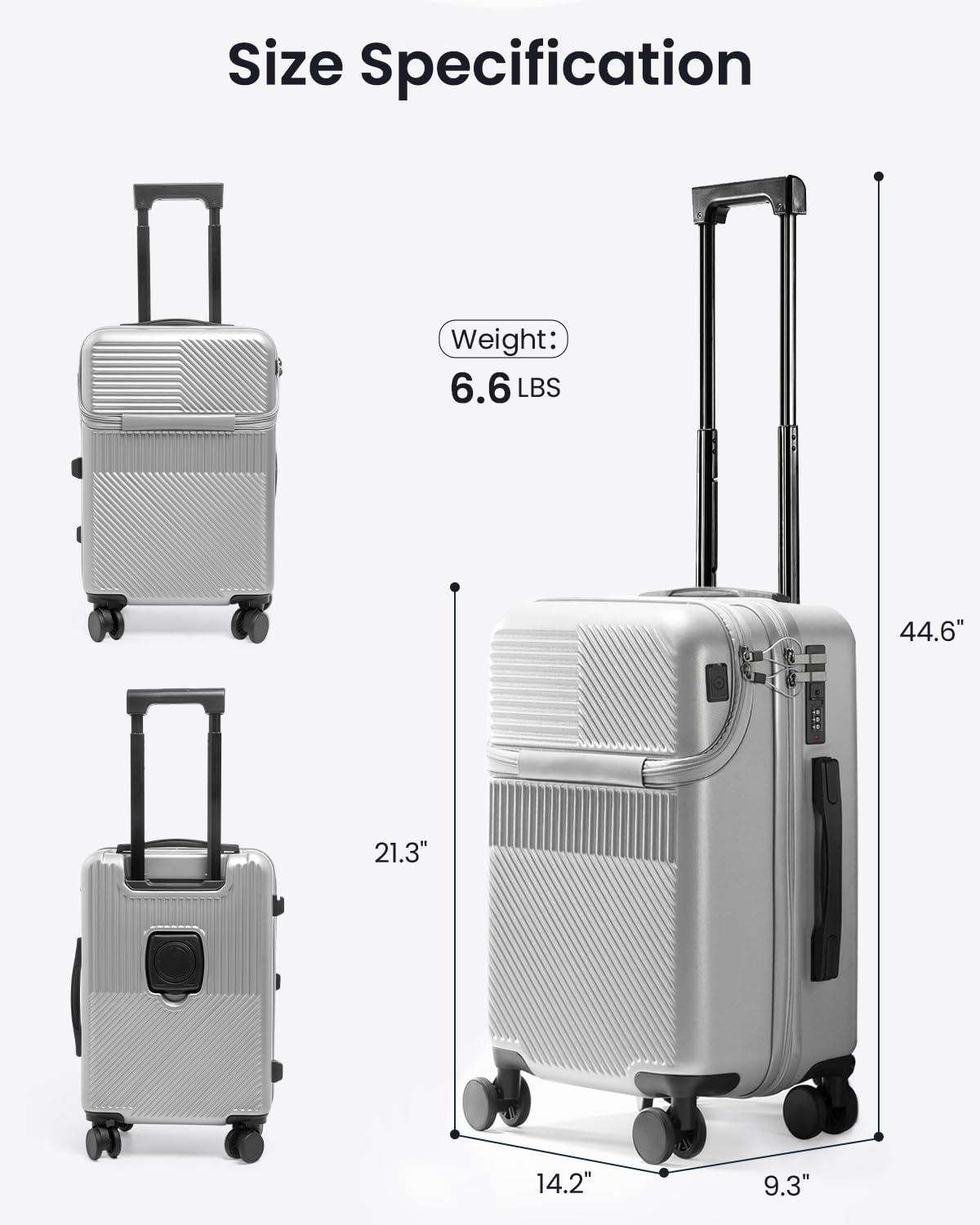 UrbanExplorer 20 Inch Carry-On Luggage with Front Opening, Cup Holder & USB Port, Lightweight ABS+PC Hardshell Spinner Suitcase, Airline Approved, 360° Wheels, Sliver