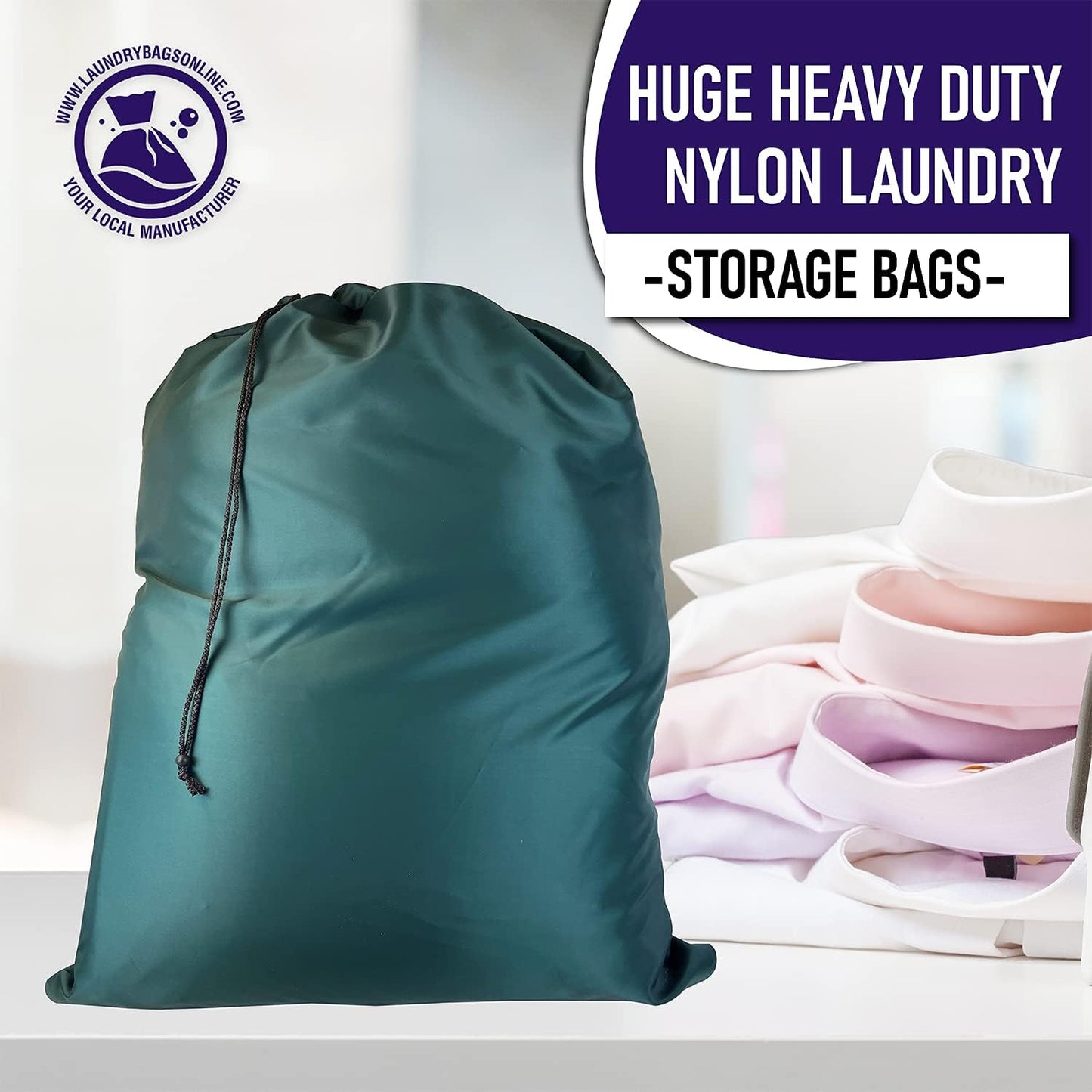 Laundry Bag with Locking Closure Drawstring – Extra Large Heavy Duty 100% Nylon, Large & Foldable Clothes Sack – Lightweight Dirty Laundry Organizer for Travel, Dorm, Gym – L 40" x H 50" (GREEN)
