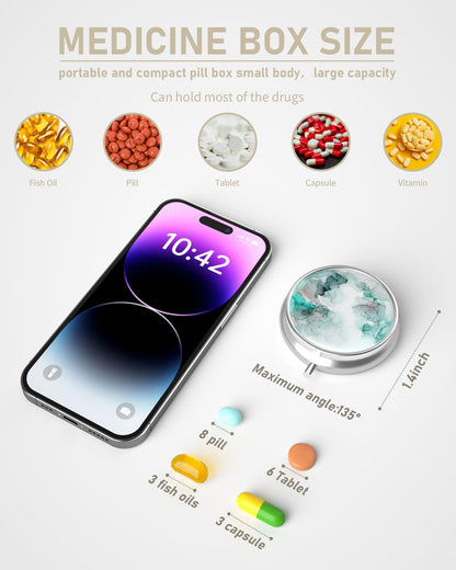 Pill Box, 3 Compartment Portable Travel Medicine Box with Mirror, Compact and Cute, Fits in Purse and Pocket, Medicine and Vitamin Organizer (Green White Marble)