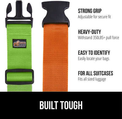 GORILLA GRIP Heavy Duty 4 Pack Adjustable Luggage Straps for Suitcases, Easy to Identify Travel Belt Connector Holds Suitcase Together, Extends Life of Bag, Strap Connects Two Bags, Green and Orange