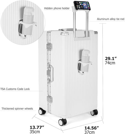 feilario 29in Super Large Captain Aluminum Frame Hardside Spinner Wheels Luggage, Removable Wheels Zipperless Checked Suitcase with Cup Holder/Phone Holder