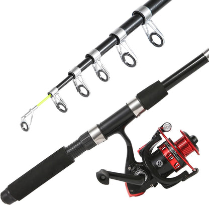 Fishing Rod, 6.9ft 2Pcs Telescopic Fishing Rods Set, Carbon Fiber Fishing Pole, 2PCS Spinning Rod and Reel Combo with Carrier Bag Freshwater Fishing Rod and Reel Combos Kits Fishing Gear