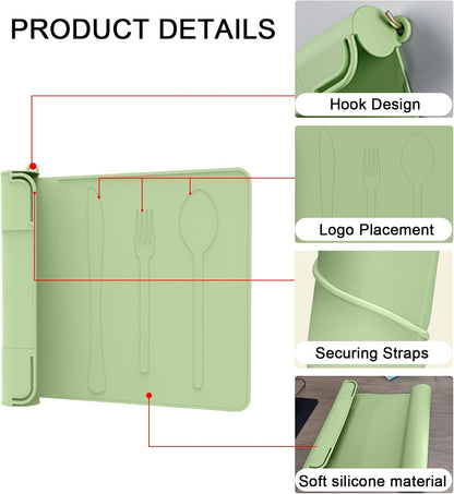 Utensil Box, Tableware Silicone Portable Box Silverware mat, Suitable for Kitchen Utensils, Portable Outdoor Camping Spoon Fork Utensils Storage mat (Green)