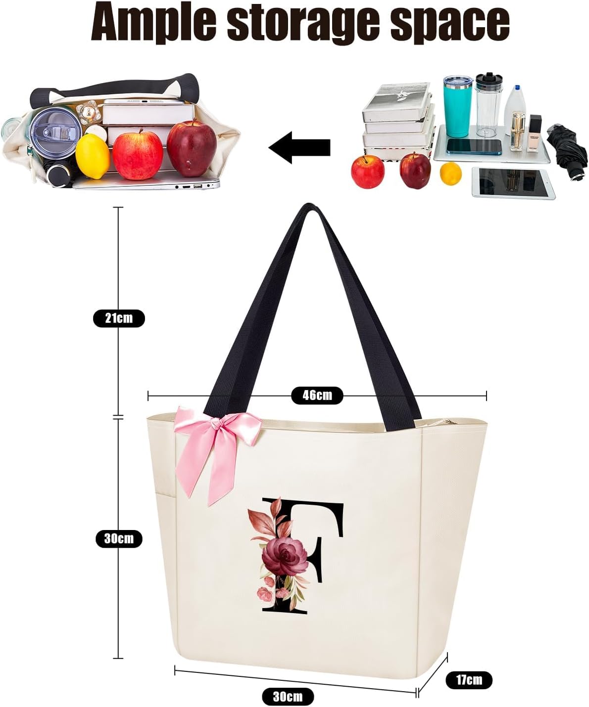 Vavabox Tote Bag, A-Z Initial Monogrammed Waterproof Tote Bag, Bridesmaid Gifts for Women, Black and Pink