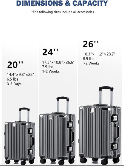 HotWay 24 Inch Aluminum Frame Luggage with Spinner Wheels, PC Hard Shell Suitcase with Cup Holder, Zipperless Luggage for Business Travel, Gray