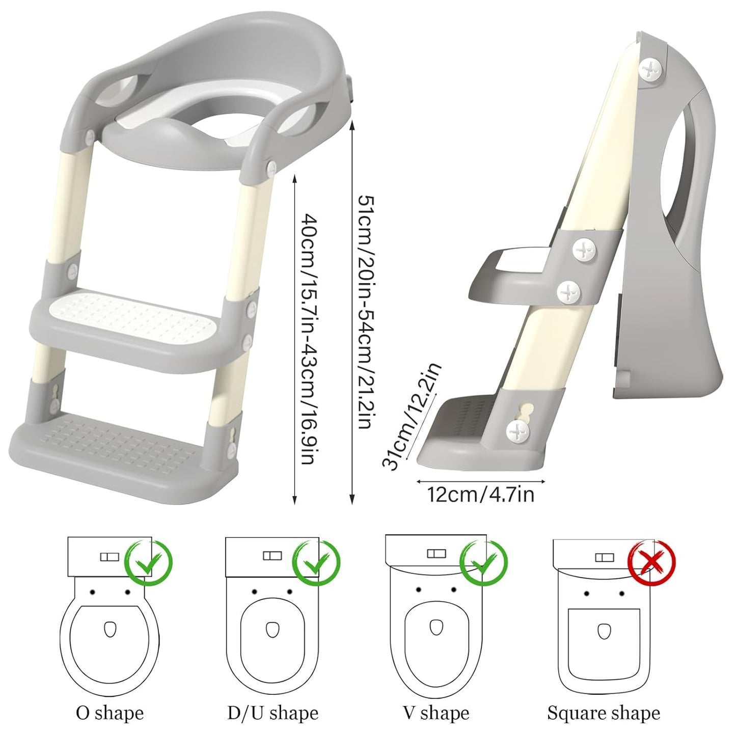 Potty Training Seat with Step Stool Ladder, Adjustable Foldable Potty Seat for Toilet with Anti-Slip Pads Ladder for Kids Boys Girls Toddlers - Grey