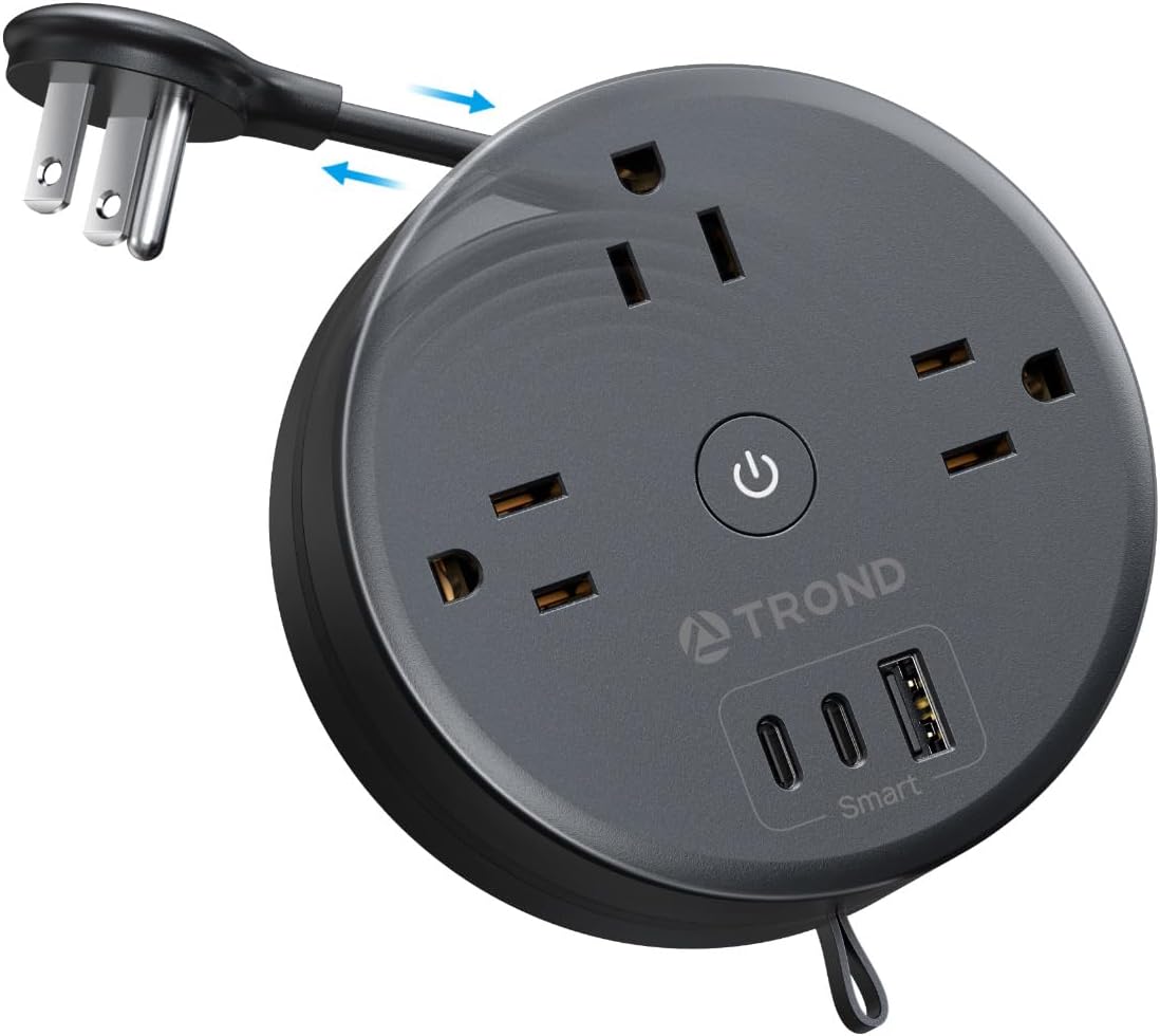 TROND Retractable Extension Cord Power Strip - Travel Power Strip with 3 AC Outlets 3 USB Ports (2 USB C), Ultra Thin Flat Plug 5ft, Cruise Ship Essentials, for Home Hotel Dorm Room, Black