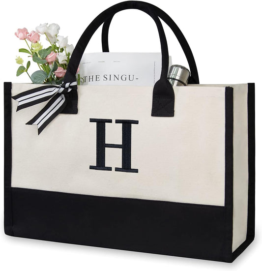 TOPDesign Embroidery Initial Canvas Tote Bag, Personalized Present Bag, Suitable for Wedding, Birthday, Beach, Holiday, is a Great Gift for Women, Mom, Teachers, Friends, Bridesmaids (Letter H)