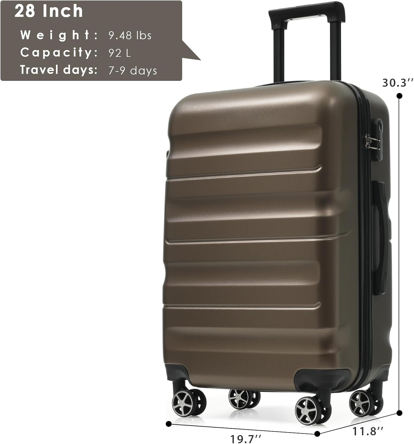 Merax 28 Inch Luggage Hardshell ABS Suitcase with 8 Silent Spinner Wheels Lightweight Durable Travel Checked Luggage for Long Trips Brown