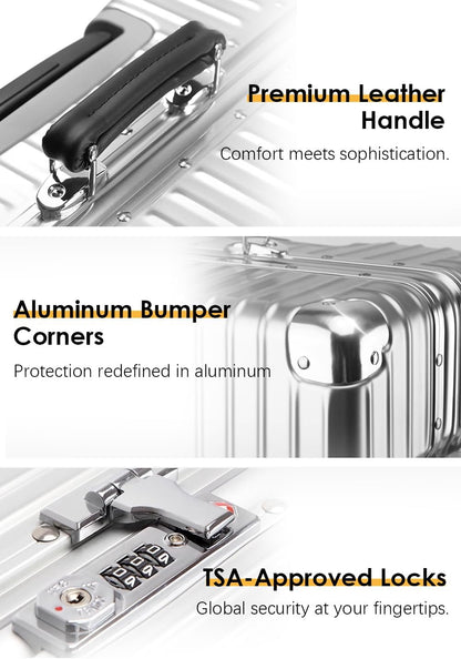 HotWay 20 Inch All Aluminum Carry On Luggage with Leather Handle, Hard Shell Zipperless Suitcase with TSA Locks and Spinner Wheels, Travel Luggage (22x14x9 Airline Approved), Gold