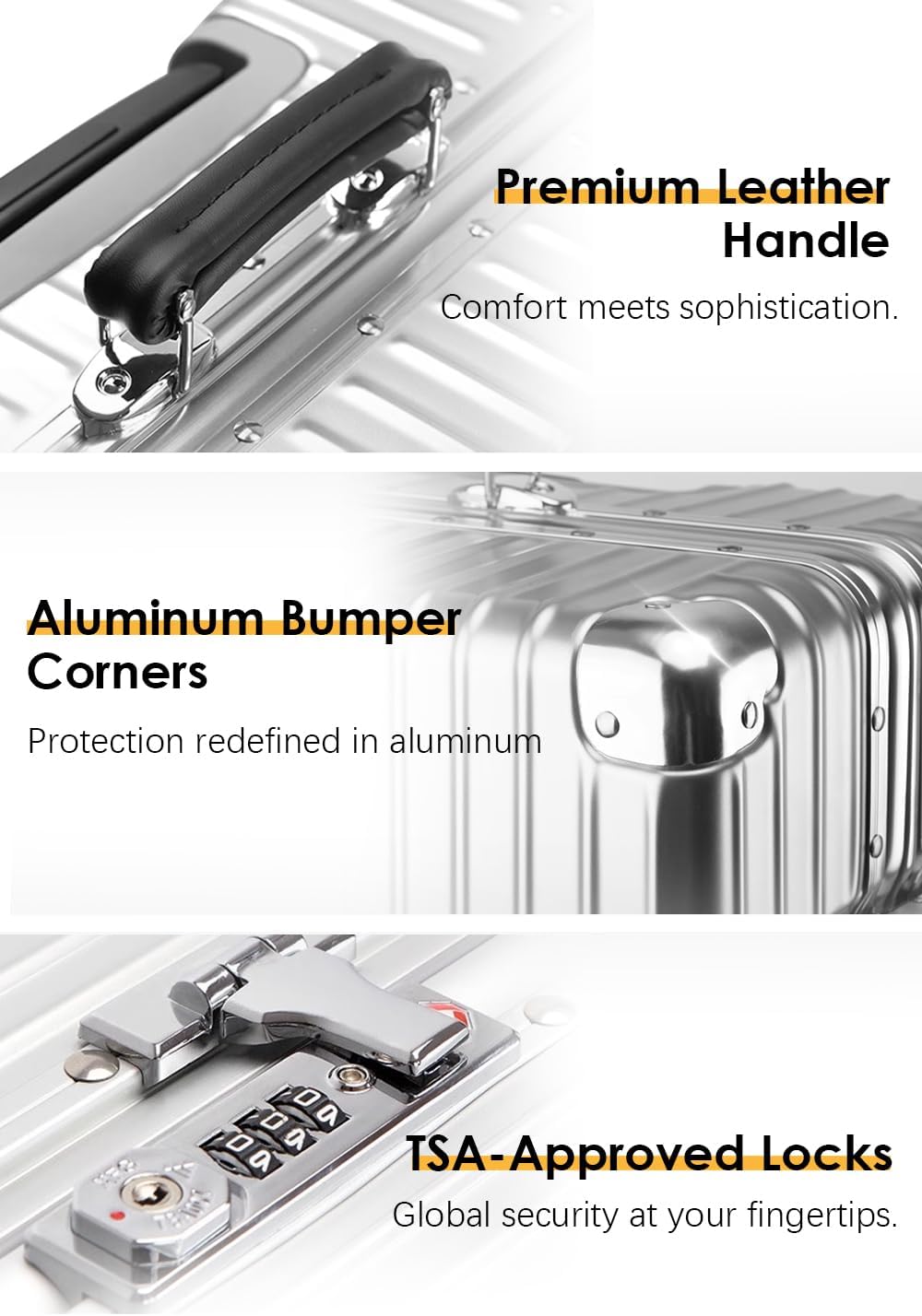 HotWay 28 Inch All Aluminum Checked in Luggage with Leather Handle, Hard Shell Zipperless Suitcase with TSA Locks and Spinner Wheels, Large Luggage for Business Travel, Silver