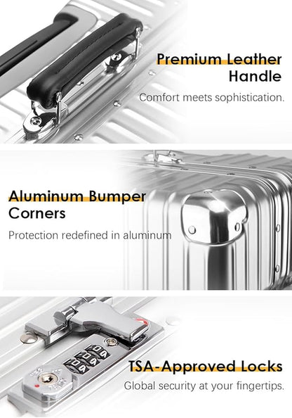HotWay 20 Inch All Aluminum Carry On Luggage with Leather Handle, Hard Shell Zipperless Suitcase with TSA Locks and Spinner Wheels, Silver Travel Luggage (22x14x9 Airline Approved)