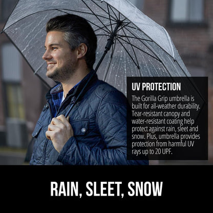 GORILLA GRIP Strong Stick Umbrella for Rain, Compact Travel One-Click Automatic Open Close, Lightweight, Portable, US Designed Reinforced Fiberglass Ribs, Wind Resistant, Easy Collapse, Clear