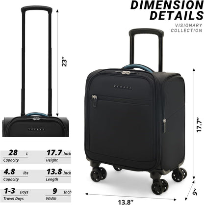 Verage Under Seat Luggage with Wheels, Softside Small Suitcase Spinner Carry On Luggage Bags for Airlines Airplanes Short Trip Men Women (Black, 14.5-Inch Plus Underseat)