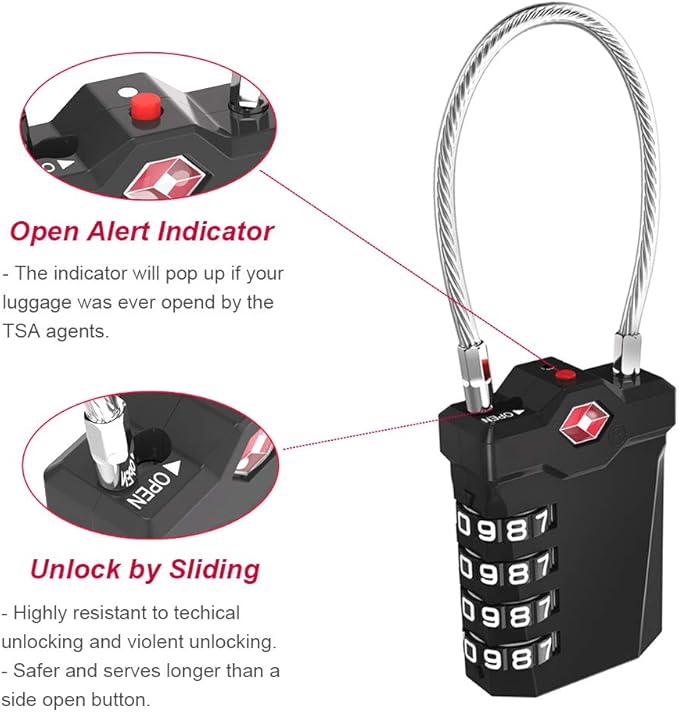 ZHEGE TSA Approved Locks for Luggage, Cable Locks with White Number, 4 Digit Combination Locks with Inspection Indicator for Suitcase, Backpack, Baggage, Code Padlocks for Locker (2 Pack, Black)
